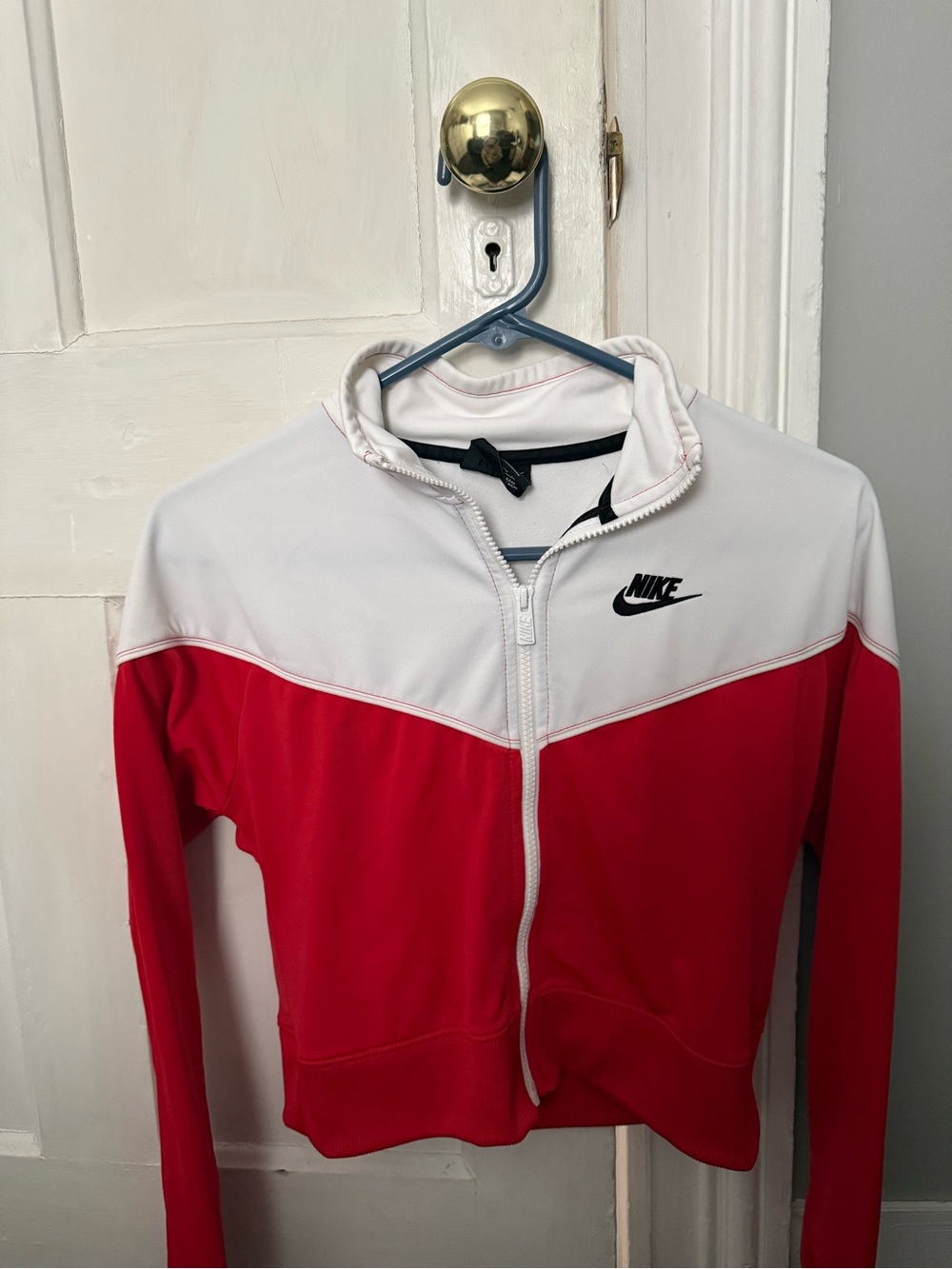 Nike Women's Red and White Bomber Jacket with Zip